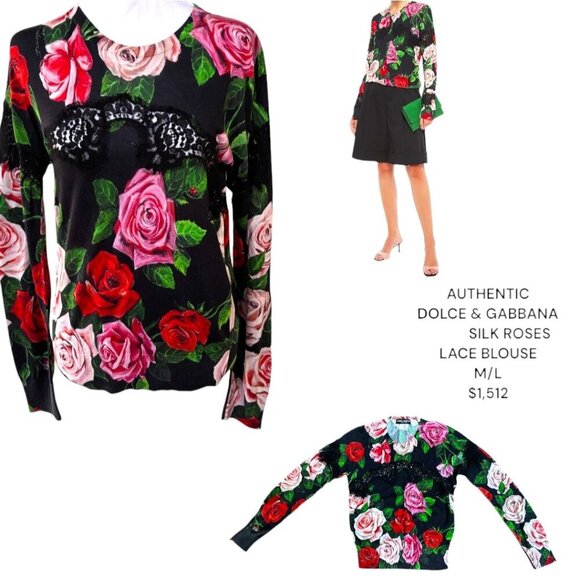 AUTHENTIC DOLCE & GABBANA SILK BLACK LACE ROSES KNIT TOP M/L $1,512 - Picture 1 of 9